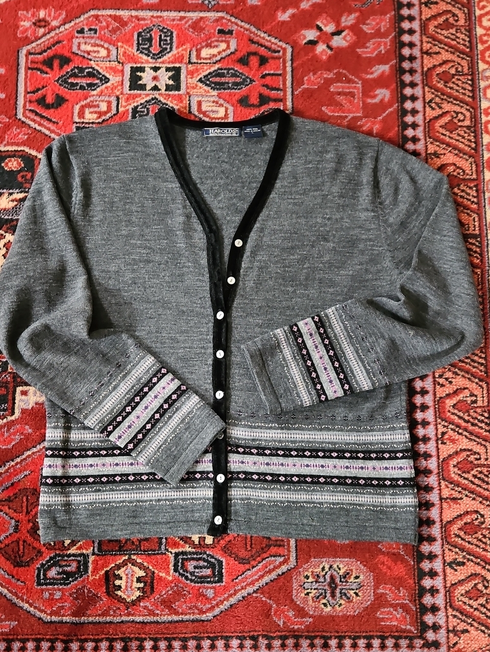 Harold's Gray Cardigan with Black Velvet Trim and Pink & Purple Accent Stripes